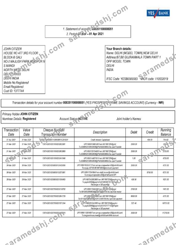 India Yes Bank statement Word and PDF template, 2 pages scr